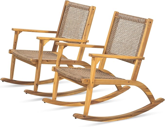 Merax 2-Piece Patio Rocking Chair Set, Acacia Wood Outdoor Rockers with PE Wicker Rattan Seat & Backrest, Comfortable Garden Porch Chairs for Backyard, Balcony, Poolside