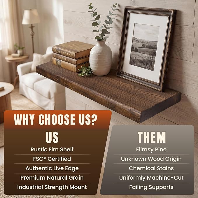 40" Live Edge Floating Shelf, Solid Elm Wood Wall Shelf | 1.4" Extra Thick, 9.3" Deep, FSC Certified Vintage Finish for Bedroom, Kitchen & Bathroom Storage Decor