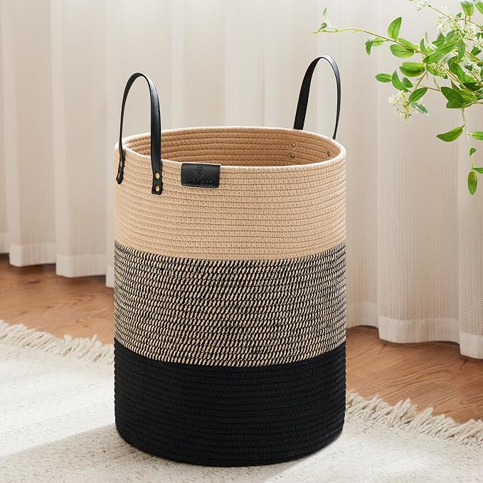 VIPOSCO 53L Tall Woven Rope Laundry Hamper, Leather Handles, Brown & Black | Large Wicker Laundry Basket for Dirty Clothes, Blanket, Toy, Towel, Yoga Mat, Storage Bin in Bedroom, Bathroom, Living Room