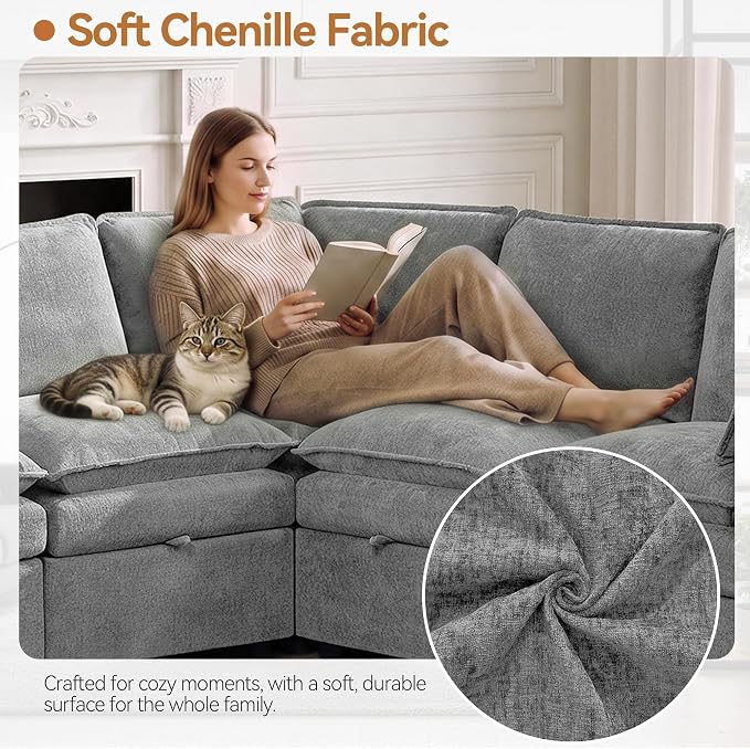 105"U-Shaped Storage Modular Sectional Sofa for Living Room, Light Grey