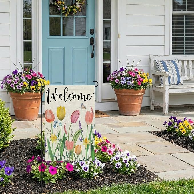 CROWNED BEAUTY Spring Garden Flag Floral 12x18 Inch Double Sided for Outside Tulips Welcome Burlap Small Yard Holiday Decoration