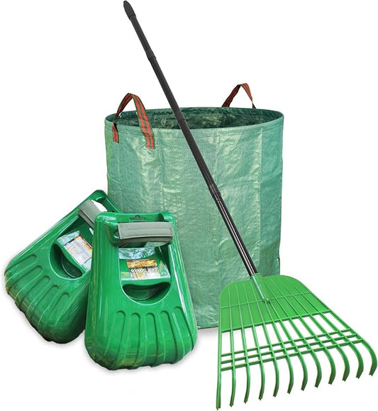 Gardzen Rake for Leaves and Hand Scoops Set, 67 inch Adjustable Long Handle, Crack Resistant Modified PE Rake & Scoops, Comes with Wrist Pads, 72 Gallon Bag, Gloves
