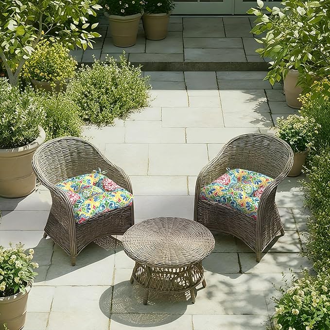 DYTXIII Set of 2 Outdoor Chair Cushions 19"x19"x4", Water Repellent Tufted Patio Seat Cushions with Ties, Thick Replacement Pads for Wicker Dining Chairs, Patio Furniture, Damask Red