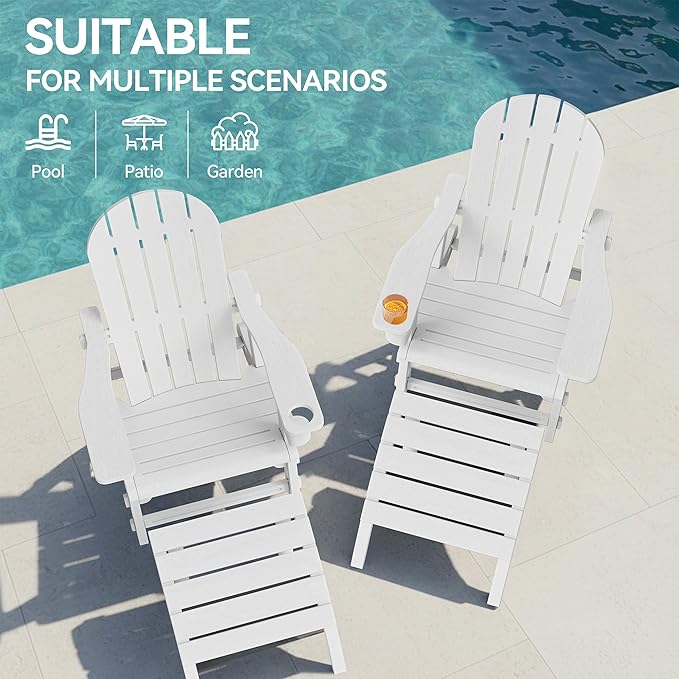 Vongrasig Adirondack Chairs Set of 2 with Removable Tabletop and Footrest, HDPE Plastic Outdoor Chair Set with Wooden Textured, Cup Holder for Patio, Poolside, Garden, White, 5 Pieces