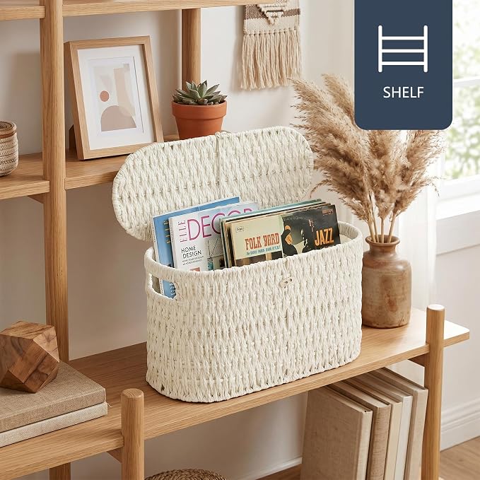 Coeusy Toilet Paper Storage Basket with Lid, Wicker Basket for Bathroom | Hand-Woven Paper Rope, Rattan Toilet Paper Holder, Organizer for 6 Mega Rolls with Handle, Boho Decorative Decor, Cream White