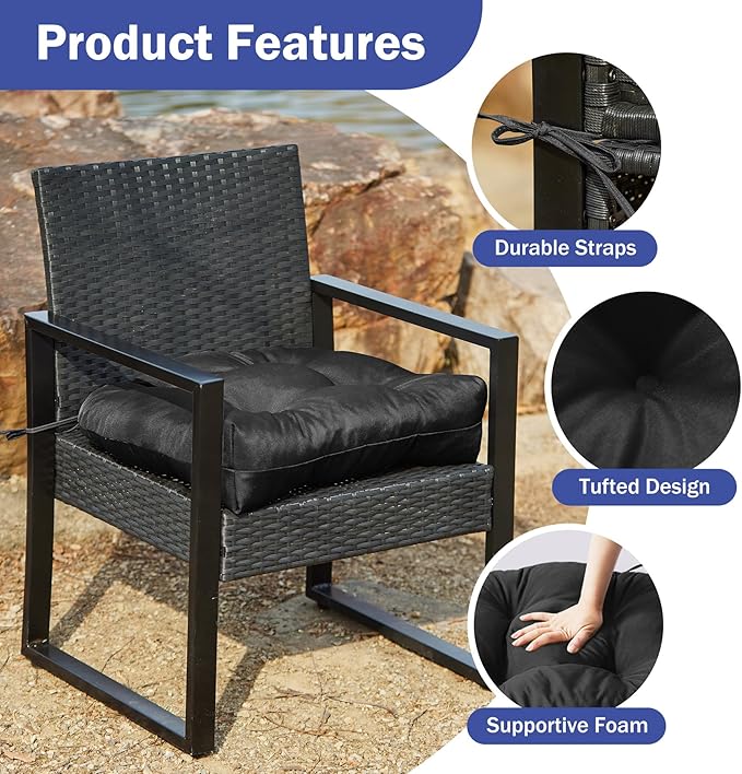 IPYNBAP Outdoor Chair Cushions Set of 2, Patio Chair Cushions with Ties, 17x17+4” Tufted Outdoor Seat Cushions, Waterproof Patio Furniture Cushions, Outdoor Dining Chair Pads, Black