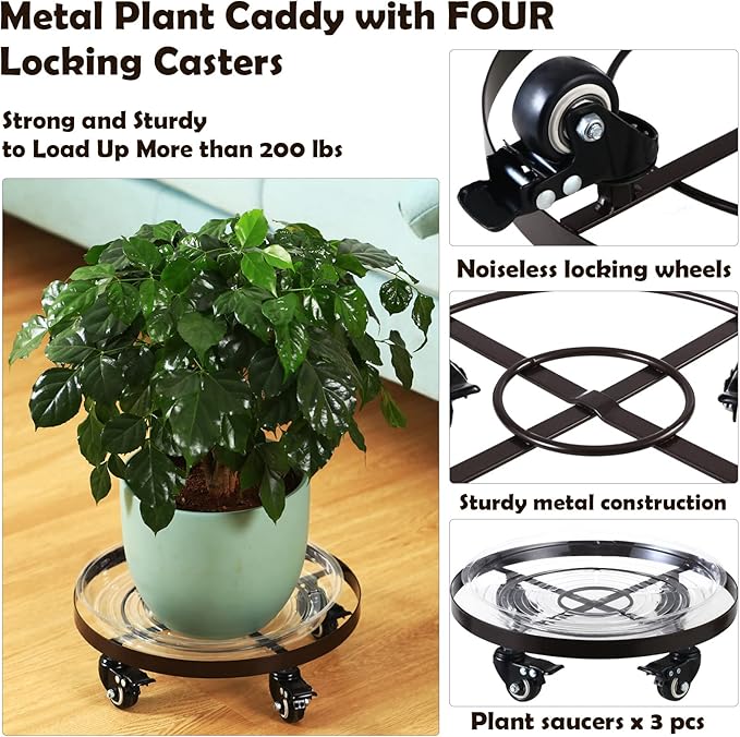 Planterhoma 3 Packs 12.6 inches Large Metal Plant Caddy with Wheels Plant Dolly Coasters Heavy-duty Wheeled Rolling Plant Stand with Casters for Indoor Outdoor Flower Pot Mover Rollers