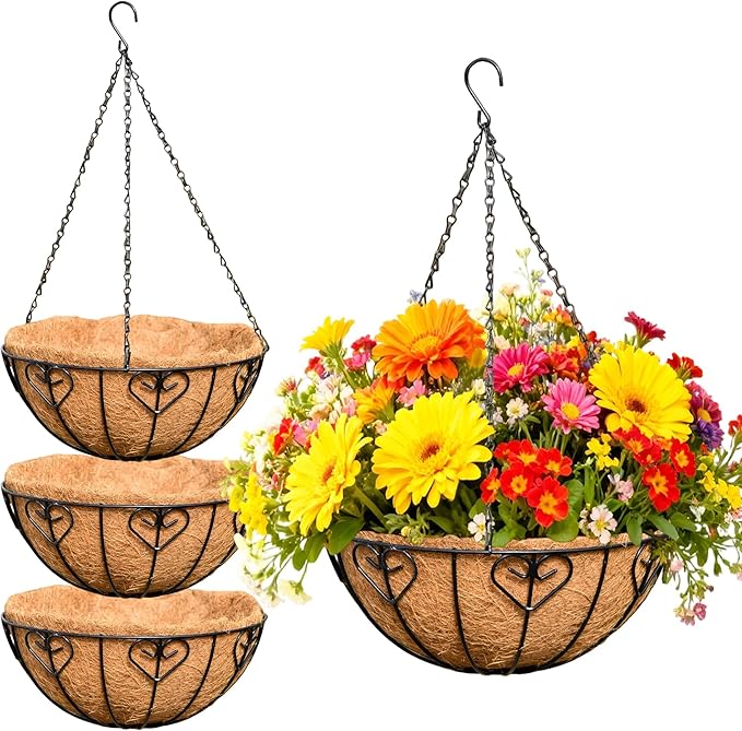 4 Pack 12 Inch Metal Outdoor Hanging Baskets Black Heavy Duty Hanging Planters with Coco Liners for Indoor Outdoor Plants Gardens Patios Terraces（Heart-Shaped）