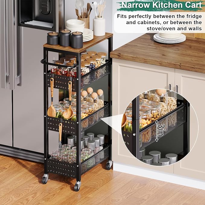 Laundry Room Slim Rolling Cart with Wheels for Between Washer and Dryer Gap | Utility Slim Storage Cart with Table Top, Small Laundry Organizers and Storage Shelves, Thin Shelf for Narrow Spaces, 4 Tier