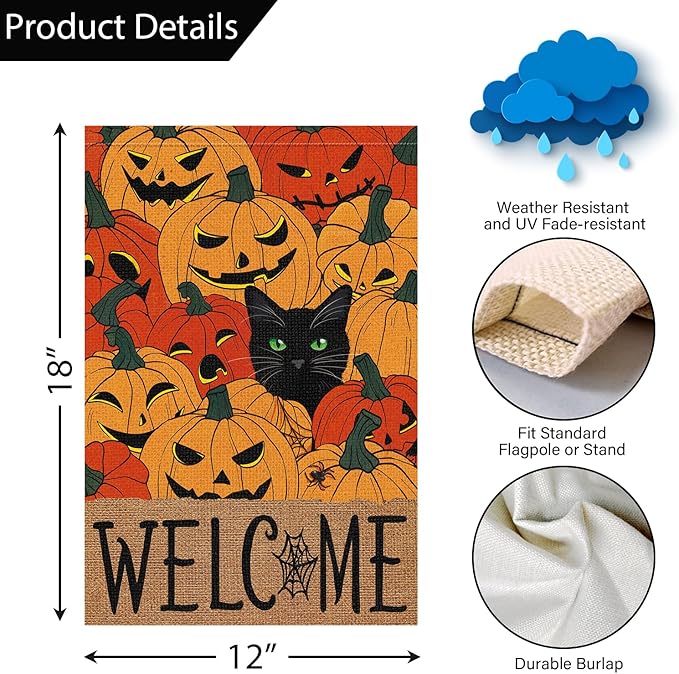 Louise Maelys Halloween Welcome Garden Flag Black Cat Pumpkin 12x18 Inch Double Sided Boo Holiday Fall Autumn Seasonal Small Burlap Yard Sign Outside Outdoor House Decoration