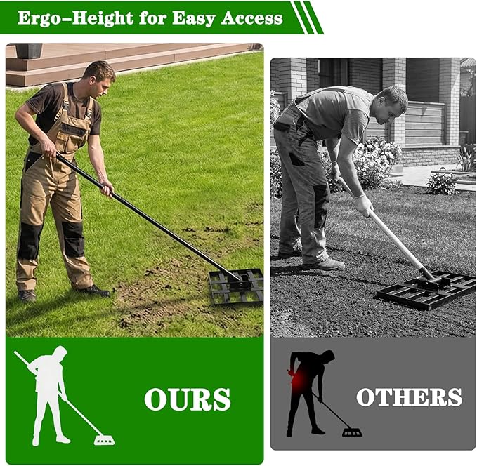 Lawn Leveling Rake 30x10 inch, Heavy Duty Ground Leveler for Soil, Sand, Effortless Smooth Use & Easy Assembly Stainless Steel Landscape Rake for Backyard, Garden, Golf Course, Black