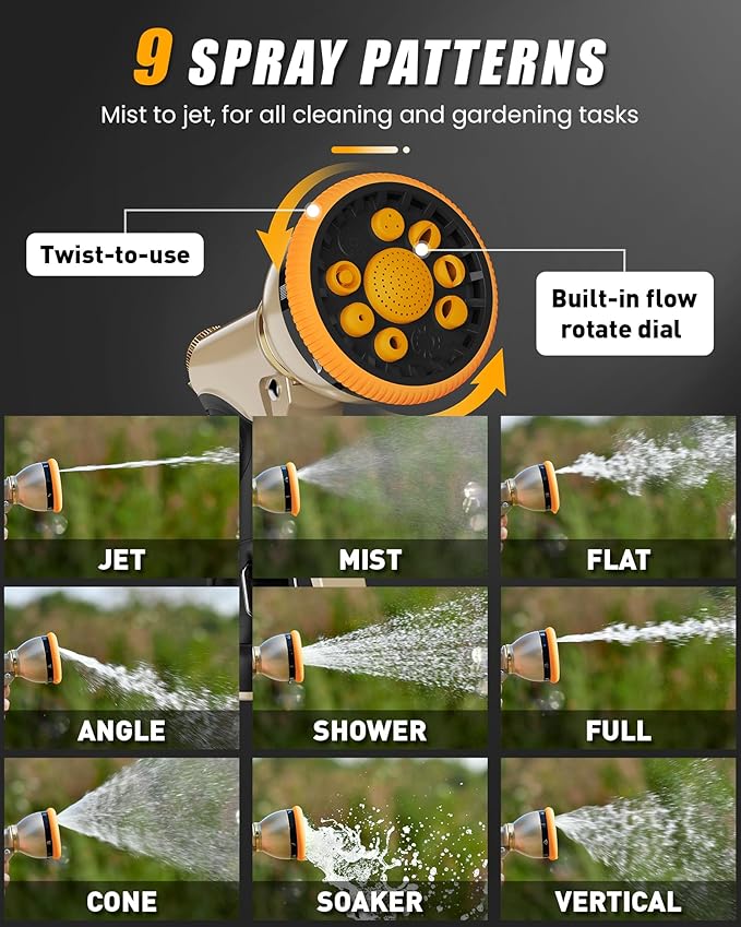 RAINPOINT Garden Hose Nozzle with 9 Adjustable Spray Patterns (without connector, Orange)