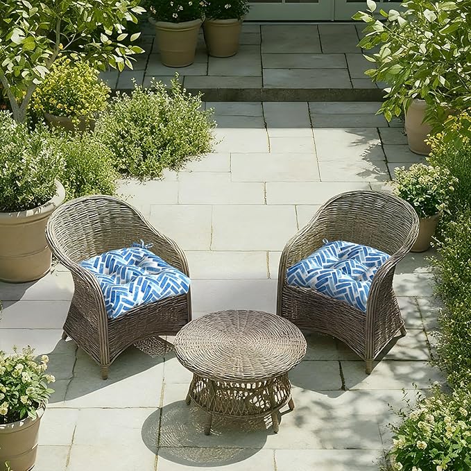 DYTXIII Set of 2 Outdoor Chair Cushions 19"x19"x4", Water Repellent Tufted Patio Seat Cushions with Ties, Thick Replacement Pads for Wicker Dining Chairs, Patio Furniture, Blue Bricks