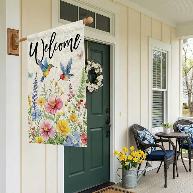 CROWNED BEAUTY Spring House Flag Floral Hummingbirds Double Sided 28x40 Inches Large Burlap Welcome Holiday Seasonal Yard Decoration for Outside Porch