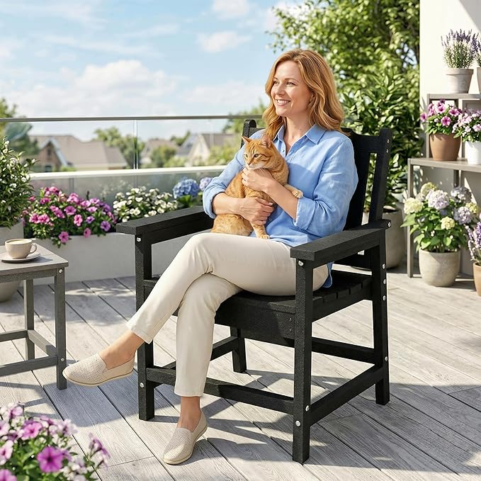 Outsunny All-Weather Patio Chair, HDPE Patio Dining Chair, Heavy Duty Wood-Like Outdoor Furniture for Garden, Backyard, Deck, Porch, Lawn, Black