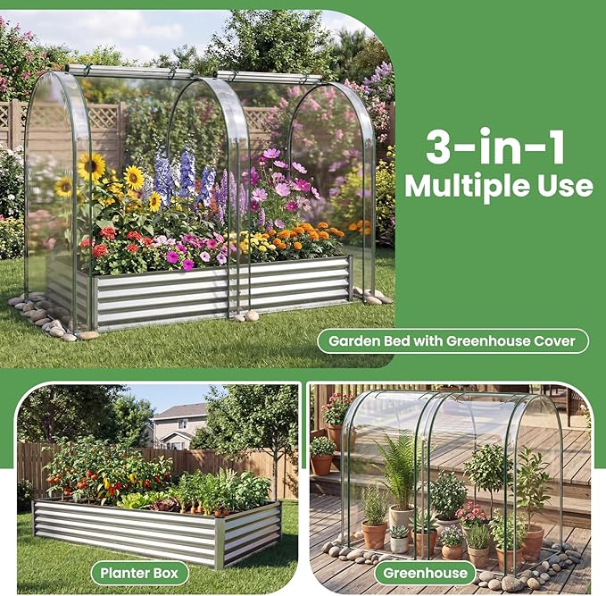 Giantex Galvanized Raised Garden Bed with Greenhouse Cover, 6x3x1 FT Outdoor Metal Oval Tall Planter Box with 2 Roll-up Windows, Clear PVC Mini Greenhouse for Vegetables Flowers Herbs Patio (Silver)