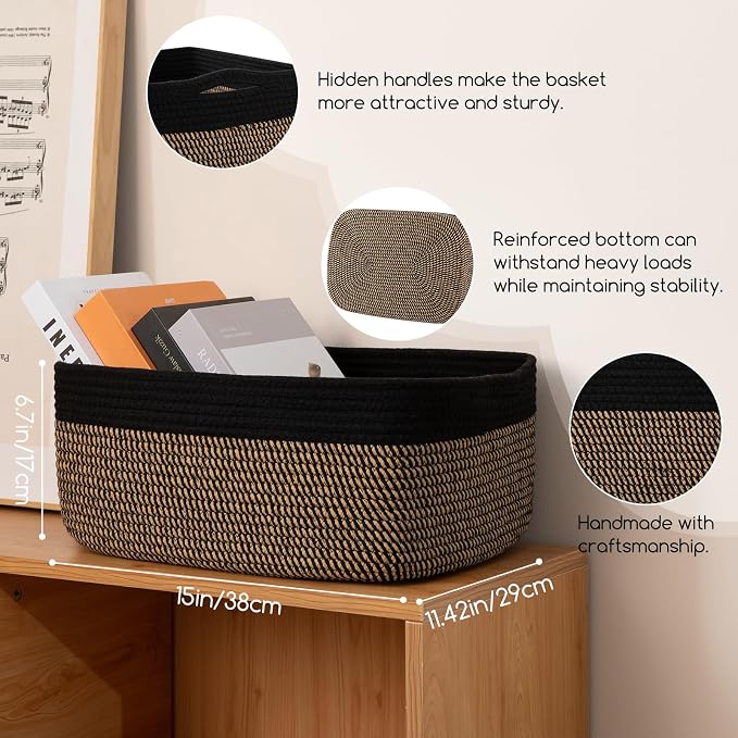 OIASKET Storage Baskets for Organizing 3 Pack, Woven Baskets for Shelves, | Closet Organizer Bins with Handle, Empty Gift Basket, Toy Storage for Toys, Blankets, Towels, Clothes, Books, 15"x11.42"x6.7"