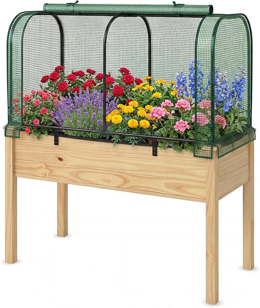 Giantex Raised Garden Bed with Cover, Wood Elevated Planter Box with Legs & Mini Greenhouse, Waterproof Sun-Protective PE Green House Cover, Outdoor Use for Fruit Vegetable Flower Herb (Green+Natural)