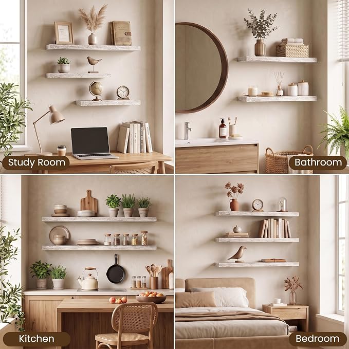30x8in Floating Shelves 2 Pack, Wall Mount Display Shelf, White Washed | Invisible Brackets, 30lb Sturdy MDF, 30in Long, Easy Install, For Bedroom, Bathroom, Living Room, Kitchen & Office