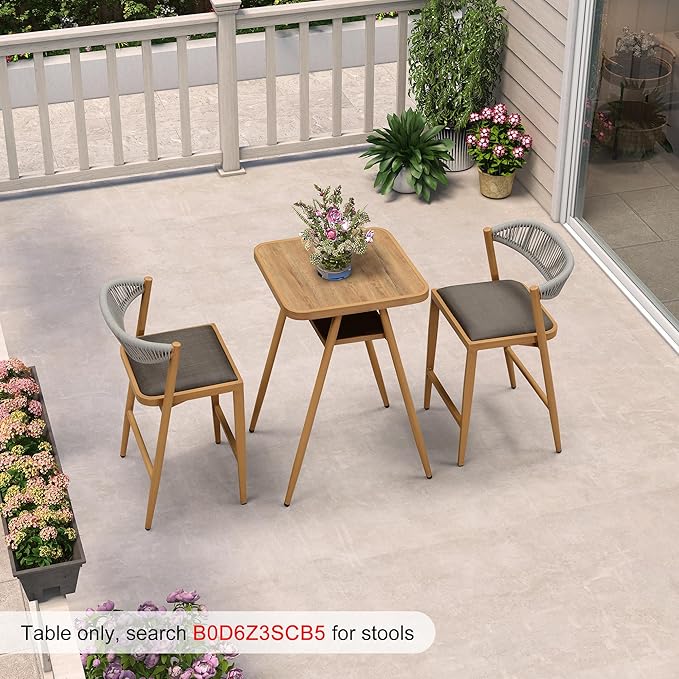 PURPLE LEAF Outdoor Aluminum Counter Height Bar Stools Table with Shelve Pub High Table for Patio Poolside Deep Teak