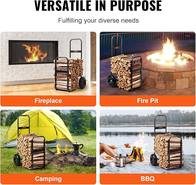 VEVOR Log Cart 250 lbs Load Capacity, Outdoor and Indoor Wood Rack Storage Mover with Pneumatic Rubber Wheels, Heavy Duty Steel Dolly Hauler, Firewood Carrier for Fireplace, Fire Pit, Black