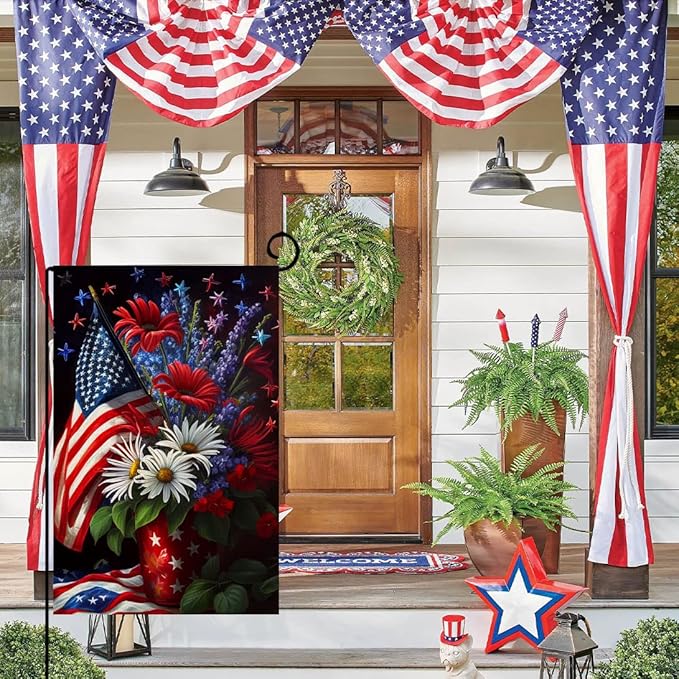 4th of July Floral Garden Flag 12x18 Vertical Double Sided Patriotic USA Flag Red Blue Memorial Day Independence Day Outside Decorations Burlap Yard Flag BW299