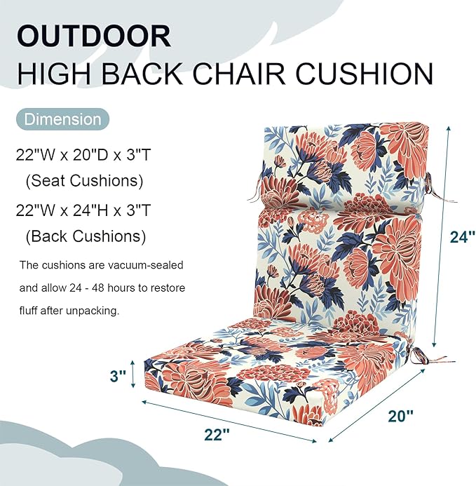 DYTXIII Outdoor High Back Chair Cushions Set of 2, 44"x22" Water Repellent Patio Seat Cushions with Elastic Sponge, All Weather Chair Pads for Rocking, Dining Chairs, Patio Furniture - Ruby Flower