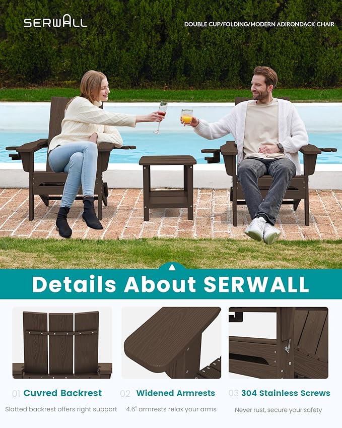 SERWALL Modern Adirondack Chairs Set of 6, Folding Adirondack Chair with Cup Holders, Outdoor HDPE Adirondack Chair for Patio Lawn Garden, Coffee