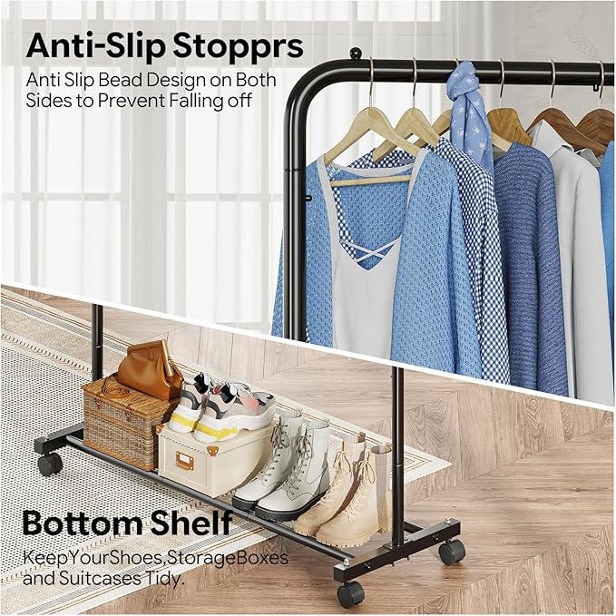 Simple Trending Clothing Rack for Hanging clothes, Portable Garment Rack with Bottom Shelf, Metal Clothes Rack on Wheels for Bedroom, Laundry Room, Black (Pack of 6)