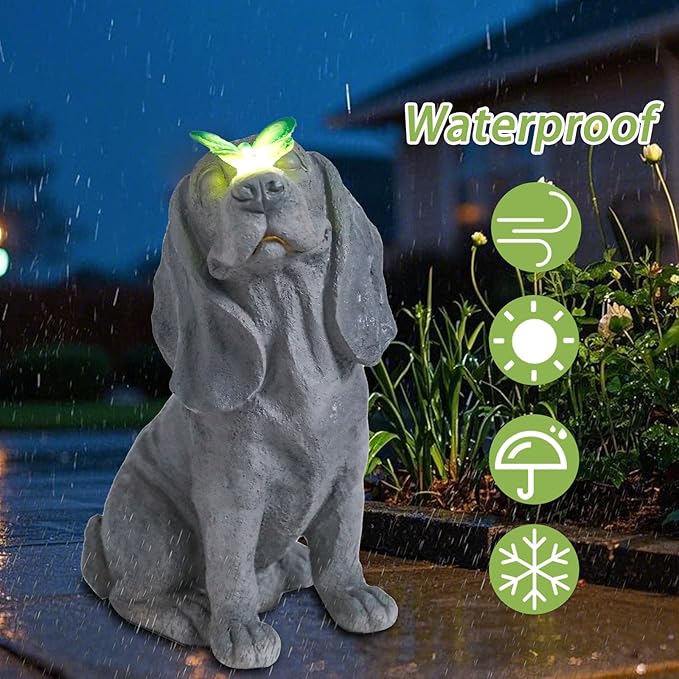 Garden Statue Dog Figurines - Outdoor Dog Statue with Solar Butterfly Lights for Patio Yard Art Decor Balcony Lawn Ornament, Ideal Housewarming Gardening Gifts for Mom