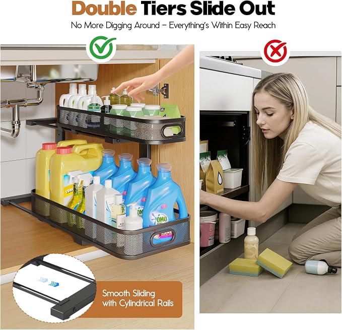 2 Pack 21.3IN-Depth Under Sink Organizer with Smooth Cylindrical Rail,2-Tier Pull Out Multi-Purpose Cabinet Storage for Bathroom&Kitchen,Height Adjustable,Rust-Resistant Coating-Black