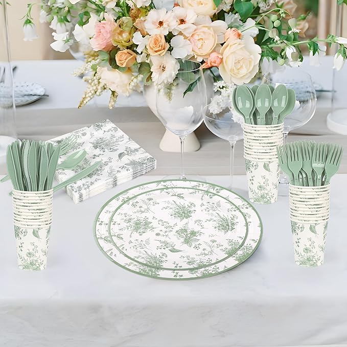 175Pcs Sage Green Floral Paper Plates and Napkins Sage White Flower Arrangements Toile Chinoiserie Party Supplies Set for Spring Summer Bridal Baby Shower Birthday Garden Tea Party