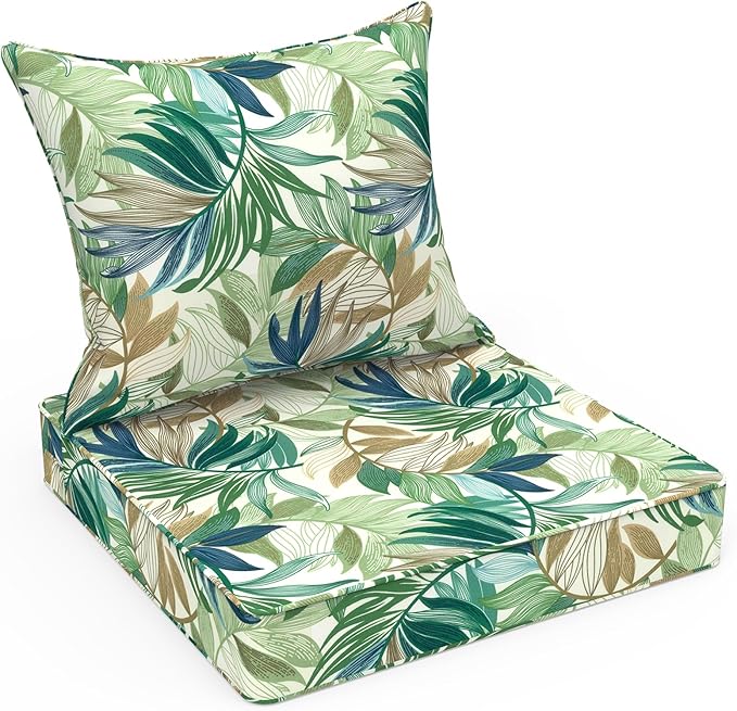 LVTXIII Outdoor Deep Seat Cushion Patio Seat and Back Cushion Set Seasonal Chair Cushion for Dining Arm Chairs, Wicker Chairs and Garden Furniture Decoration, 24"x24"x4", Lush Leaf Green