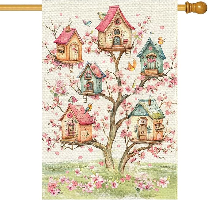 Baccessor Spring Birds House Flag Double Sided 28x40 Inch Burlap,Pink Floral Flower Tree Large Garden Flag Porch Patio Front Entry Yard Seasonal Farmhouse Outside Outdoor Decor