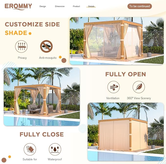 EROMMY Louvered Pergola 10x10, Outdoor Aluminum Pergola with Adjustable Rainproof Roof for Garden, Patio, Deck, Waterproof Curtains and Netting Included, Wood Grain