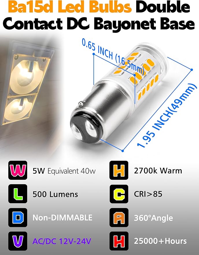 1142 Ba15d Led Bulbs Double Contact DC Bayonet Base 12v-24v, 2700k Warm White 5W 1004 1076 1176 90 1130 S8 68 LED Light Bulbs for Car Trailer RV Camper Boat Interior Marine Navigation Lights, 4Pack