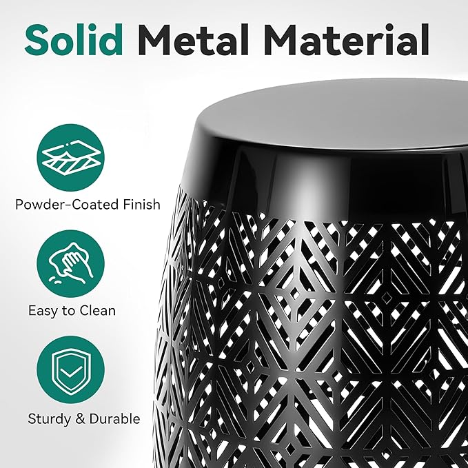 18" Cutout Metal Outdoor Side Table with 3-Mode LED Lights, Modern Decorative Drum End Table, Versatile Coffee Table/Garden Stool/Night Stand/Plant Stand for Patio, Living Room, Bedroom