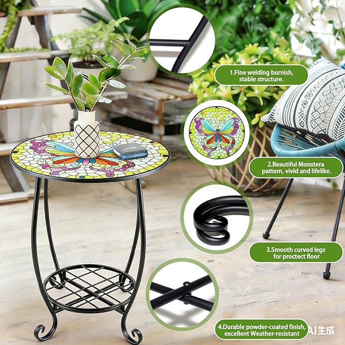 Arbuxzuy 2pcs Small Outdoor Side Table with Colorful Butterfly, Glass Mosaic Patio Table Indoor, Round Plant Coffee Table for Living Room, Balcony, Garden（Butterfly Style）