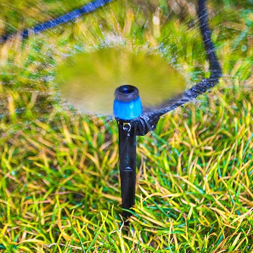 50 Pieces Drip Irrigation Emitters, Adjustable 360 Degree Drip Vortex Emitters on 5" with Stake for 1/4" Drip Irrigation Tubing Irrigation Fan Shape Drippers for Garden Watering System