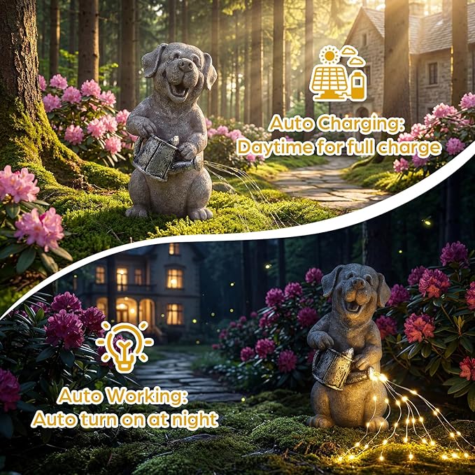 Lavezee Dog Statues Outdoor with String Lights for Garden Decor, Puppy Dog Statue for Patio Lawn Porch Walkway Yard Decoration, Ideal Gifts for Dog Lovers Women Mom Grandma