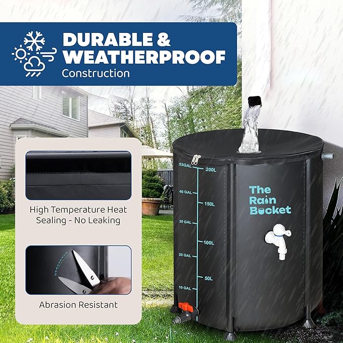 Collapsible Rain Barrel 53-Gallon – Weatherproof Rainwater Collection System for Gutter with Spigots, Mosquito Mesh & PVC Support Rods – Portable Water Storage Tank for Garden & Outdoor Use – Black