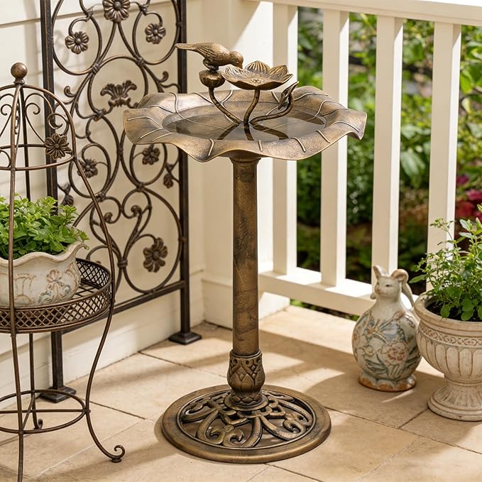Magshion 35" Outdoor Bird Bath and Feeder for Outside, Pedestal Birdbath with Vintage Lotus Design, Durable Polypropylene Construction, Stunning Garden Accent for Lawn, Backyard & Patio, Bronze