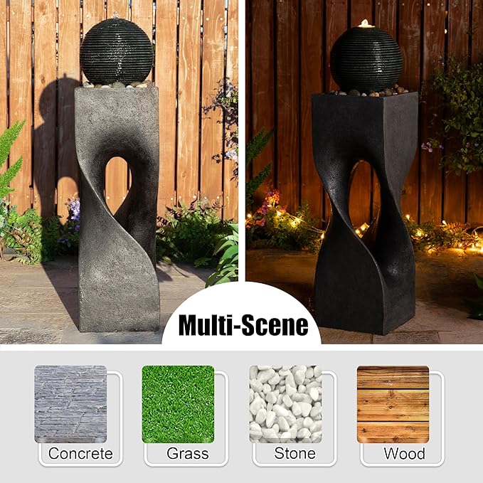 Glitzhome Outdoor Water Fountain, 36.5" H Polyresin Outdoor Fountain with Pebbles, Pump and LED Light, Modern Geometric Pedestal and Sphere Garden Fountain Waterfall for Patio, Backyard, Porch, Deck