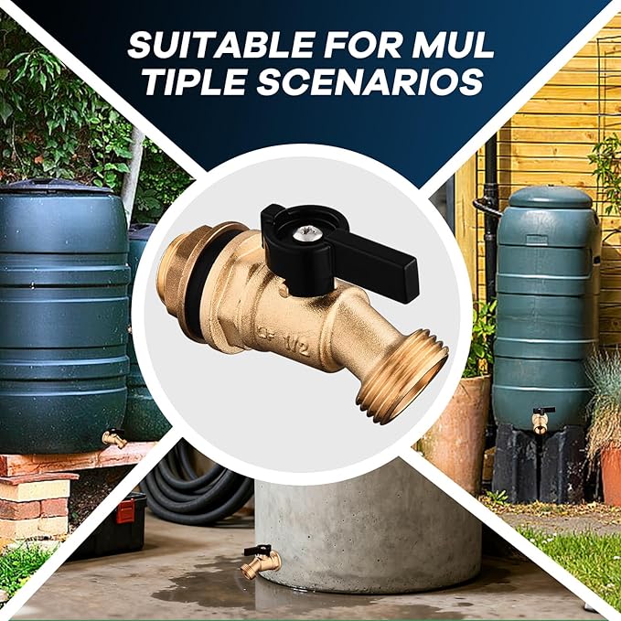 Rain Barrel Spigot Kit 3/4" GHT Slid Brass Water Barrel Spigot,Leakproof Garden Hose Connector Bulkhead Fitting with Drain Valve for Buckets and Rain Barrels DIY Kit