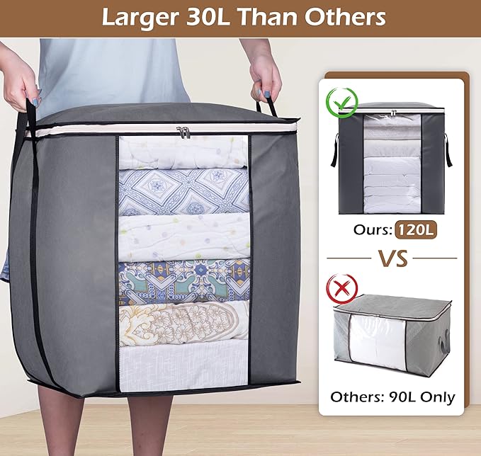 SLEEPING LAMB 120L Extra Large Blanket Storage Bags Breathable Clothes Storage Containers for King Comforter Bedding Pillow Sheet, Reinforced Handles, Grey