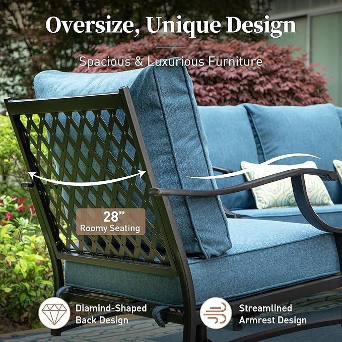 SUNSHINE VALLEY Metal Outdoor Rocker Patio Chairs Set of 2 with 5.75" Extra Thick Cushion, 2 Piece High Back Rocker Patio Chair All Weather Outdoor Furniture Seating for Deck Balcony Porch, Denim Blue
