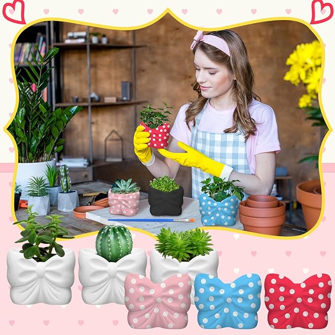 Beeveer 6 Sets Paint Your Own Coquette Bow Succulent Planter Ceramic Blank Unpainted Flower Pots DIY Paintable Porcelain Vase Kit for Kids Christmas Classroom Craft Project Activity Supplies