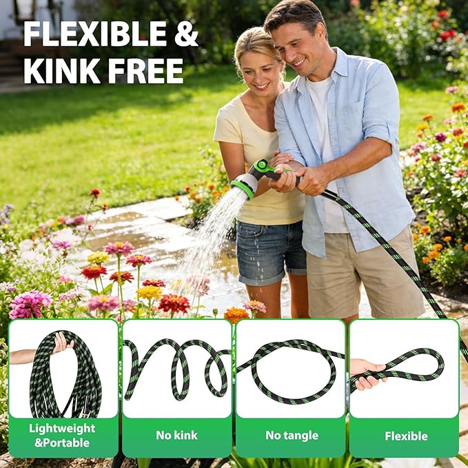 Garden Hose 25 ft Water Hose Flexible Non-Expandable Outdoor Heavy Duty Lightweight Leakproof Kink-free flex Watering Hose Pipe with Nozzle 3/4 inchs Fitting Yard Lawn Outside Car Wash