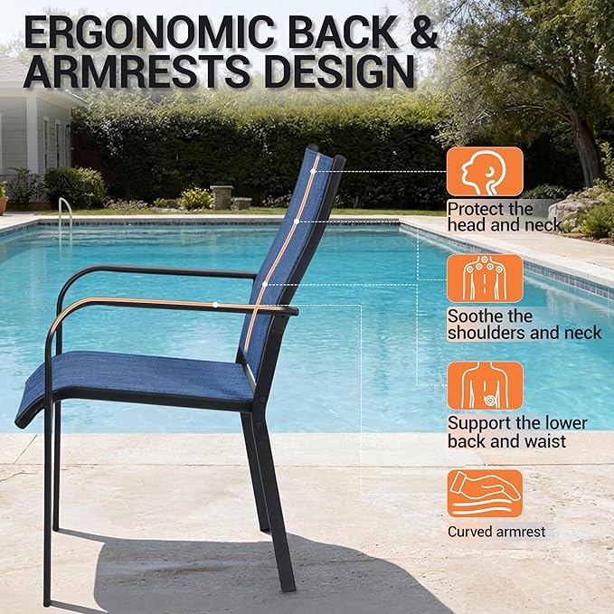Patio Chairs Set of 8, Outdoor Dining Chairs High Back, All-Weather Padded Textilene Chair for Lawn Porch Garden,Blue(8 PCS)
