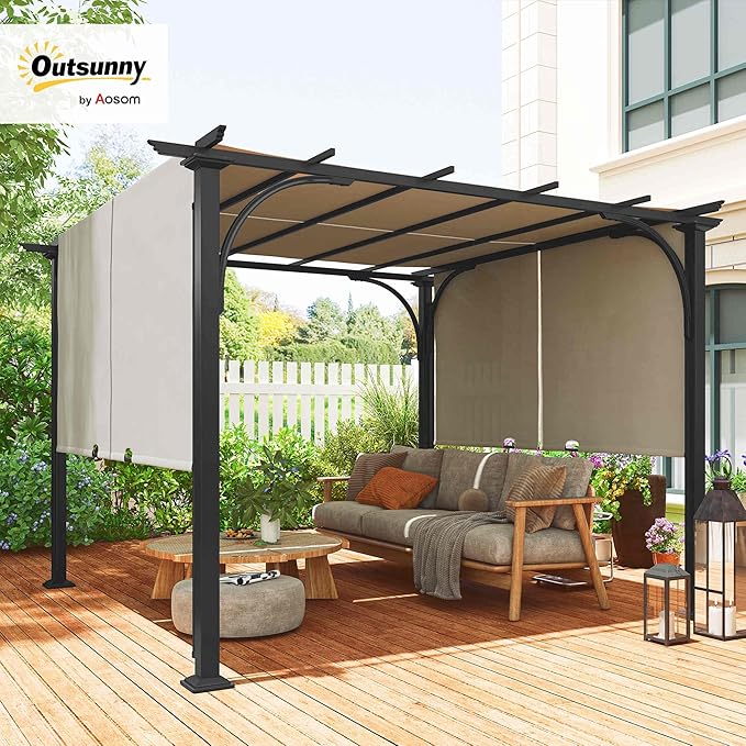 Outsunny 10' x 10' Patio Pergola with Weather-Resistant Steel Frame, Backyard Sun Shade Canopy Cover Shelter for Porch Party, Garden, Grill Gazebo, Beige